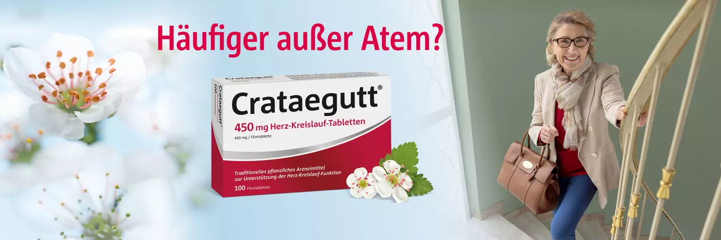 Crataegutt Packung zwischen Weißdornblüte und Dame im Treppenhaus