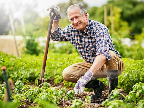 Gärtner kniend in seinem Garten